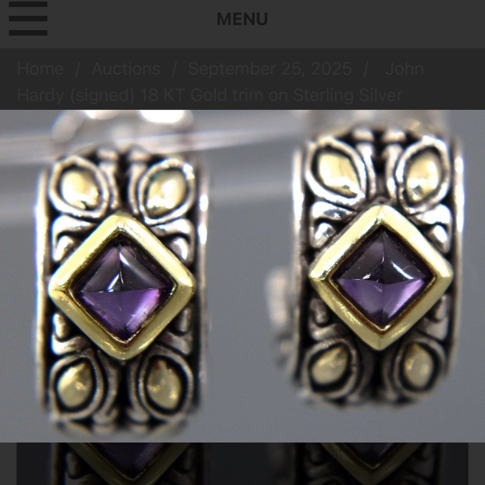 John Hardy (signed) 18 KT trim on Sterling Silver Earrings, set with Amethyst